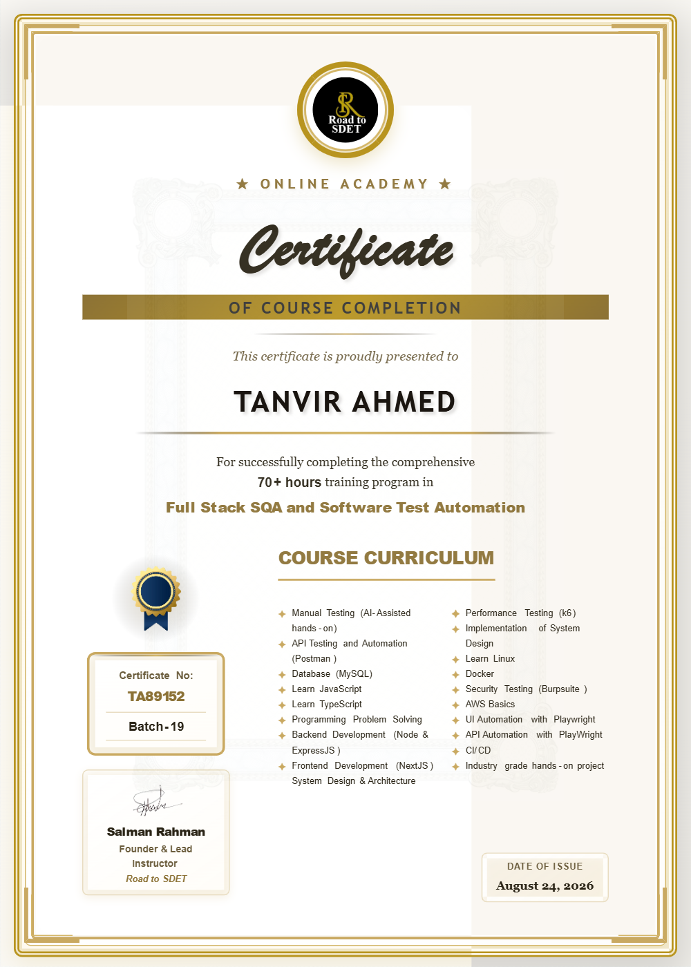 Full Stack SDET — Batch 19 certificate